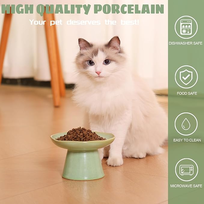 Wide Shallow 6.1" Raised Cat Bowls, Ceramic Elevated Food Bowl for Flat Faced Cats and Small Dogs, Porcelain Feeder Bowl, Stress Free, Protect Cat’s Spine, Green - Image 4