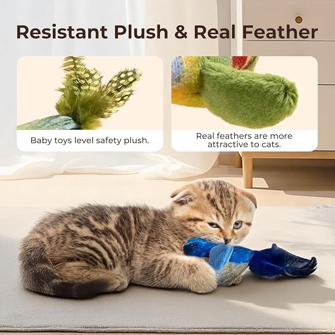 2-pack catnip cat toys that stimulate indoor cats' natural hunting instincts,Interactive plush bird toy with realistic chirping sounds to tease your cat (Green artificial bird + blue artificial bird) - Image 5
