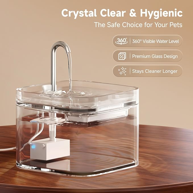PETTEN Glass Cat Water Fountain,Easy Clean,No Plastic(78oz/2.5L) | BPA-free,Dual flow modes, <20dB silent pump. 2.5L/78oz, perfect for indoor cats & small dogs. Dishwasher safe. - Image 7