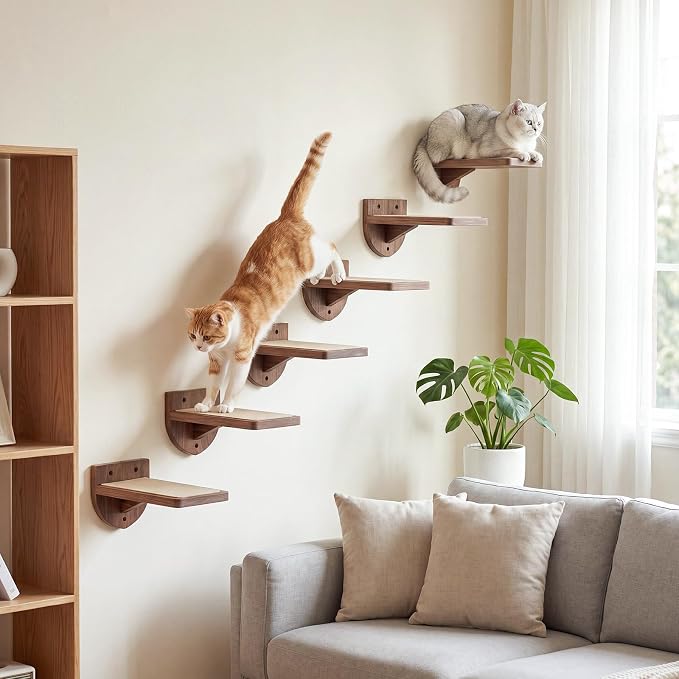 SiliFine Set of 6 Dark Brown Cat Wall Stairs, Climbing Steps, Cat Wall Shelves Perch with Fixtures and Felt 8.7"x4.7" Stairs Natural Birch Wooden | Floating Steps for Playing Climbing - Image 6