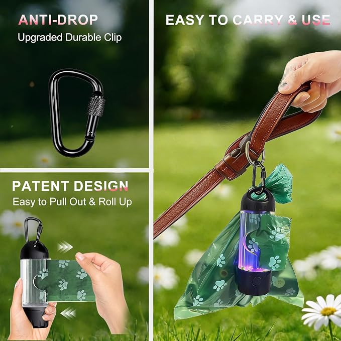 Dog Poop Bag Holder with Flashlight 7-Color, USB-C Rechargeable Poop Bag Displenser for Leashes, IPX6 Waterproof Anti-Slip Clip Pet Waste Bag Holder for Walking (1 Dispenser, 30 Bags) - Image 3