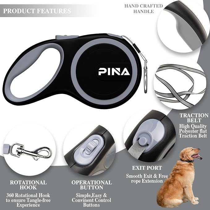PINA Retractable Dog Leash, 26ft Dog Leash for Small Medium Large Dogs Up to 110lbs, 360° Tangle-Free Strong Reflective Nylon Tape, with Anti-Slip Handle, One-Handed Brake, Lock - 2PACK - Image 2