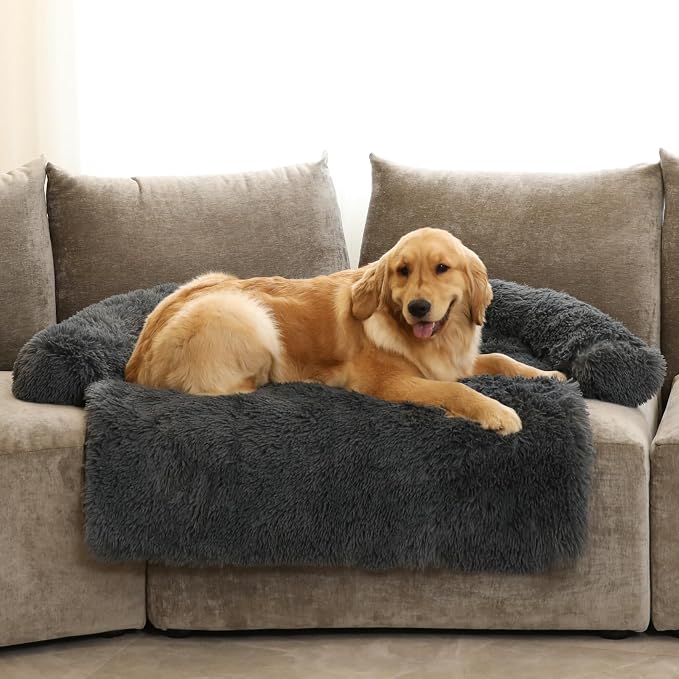 Calming Dog Bed Fluffy Plush Dog Mat for Furniture Protector with Removable Washable Cover for Large Medium Small Dogs and Cats (Extra Large(53x39.3x6), Dark Grey) by GGIB