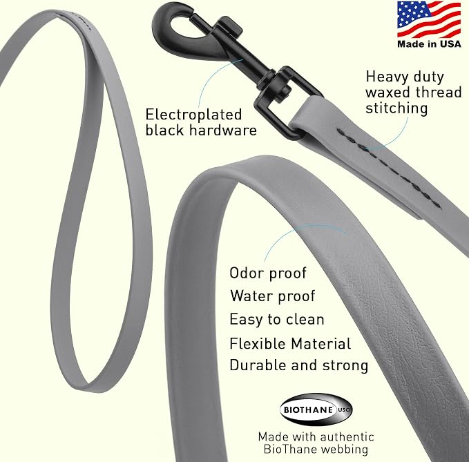 Dogline Biothane Waterproof Dog Leash Strong Coated Nylon Webbing with Black Hardware Odor-Proof Easy to Clean High Performance for Small or Large Dogs Made in USA 4 or 6 ft Lead, Battleship Gray - Image 2