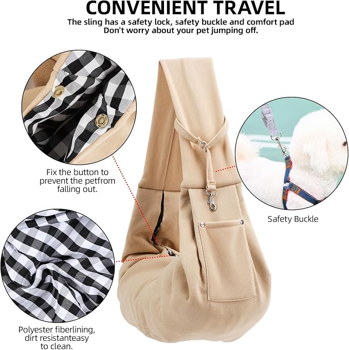 ARZQUT Dog and Cats Carrier Sling, Small Pet Carrier with Storage Pocket | Reversible Puppy Sling Carrier, Safety Buckle, Storage bag, Machine Washable for Travel, Outdoor Activitie, Hand-Free,Apricot - Image 4