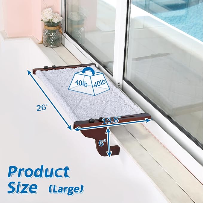 Zakkart Easy Seat Cat Perch for Window Sill - Hammock Design w/Premium Wood & Robust Metal Frame - Cat Window Seat for Large Cats and Kittens (Dark Stained Wood w/Gray Bed, Large (26''W x 14''D)) - Image 5