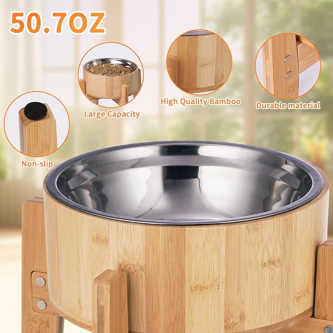 Elevated Dog Bowls for Large Dogs Feeder Two Bowls with a Stainless Steel and Bamboo Dishes，Raised Dog Bowl Stand with Non-Slip Feet，Ideal for Medium and Large Breeds， (13.5-inch High) - Image 4