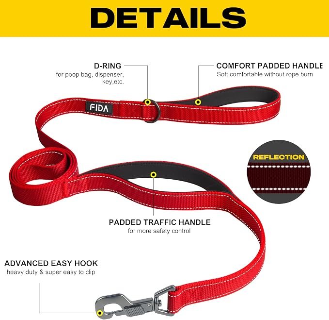 Fida Heavy Duty Dog Leash for Medium Large Dogs, 4 FT, Dual Padded Handles | Traffic Handle for Close Control, Advanced Easy Snap Hook, Reflective, Strong Nylon Webbing for Daily Walks & Training, Red - Image 2