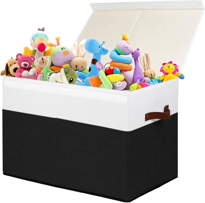 Large Toy Storage Box with Lid, Toy Chest Bin Boxes Basket with Dividers | Sturdy Toy Organizer Bin for Kids, Boys, Girls, Nursery, Living Room, Bedroom, Playroom 25"x13" x16" (Black and White) by Gowee