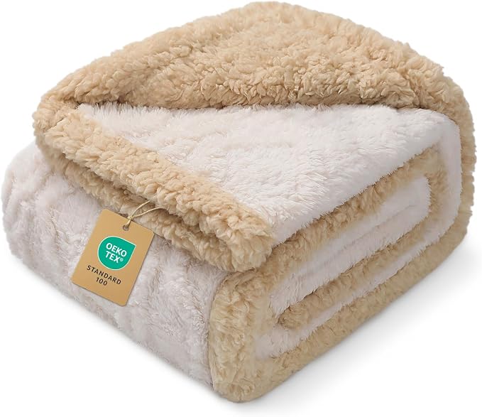 Luciphia Waterproof Blanket for Queen Bed Reversible Fleece Couch Cover | Reversible waterproof pet blanket with soft Sherpa fleece machine washable protect couch bed car, Beige-thicken 90" x 82" by luciphia