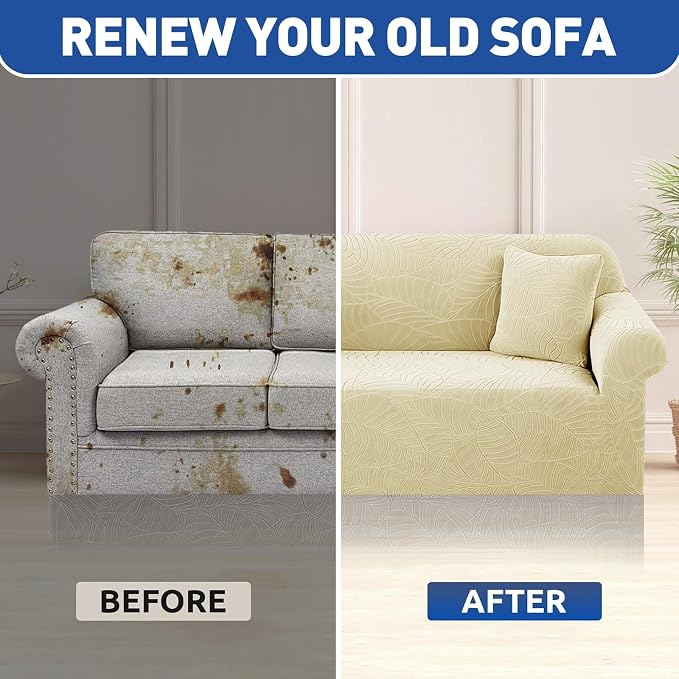 YEMYHOM Couch Cover Latest Jacquard Design High Stretch Sofa Covers for 2 Cushion Couch, Pet Dog Cat Proof Loveseat Slipcover Non Slip Elastic Furniture Protector (Medium, Begonia Leaf Beige) - Image 8
