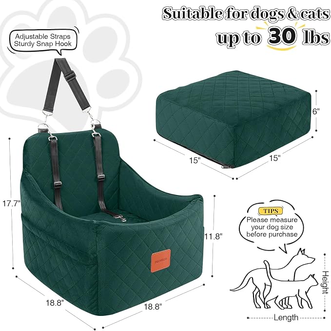 Dog Booster Car Seat for Dogs up to 35lbs, Safety Pet Car Seats with Anti-Slip Bottom, Travel Booster Dog Bed with 2 Storage Pockets (Green, Medium) - Image 2