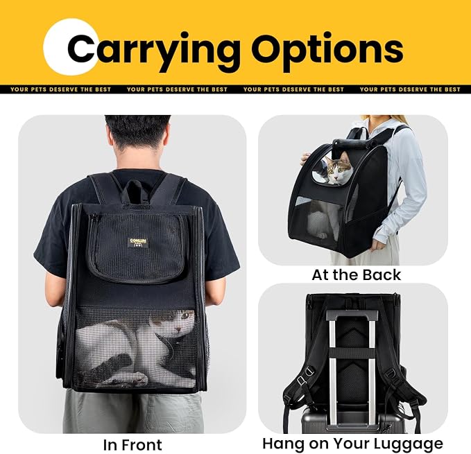 Conlun Cat Backpack Carrier for Small Dogs and Cats Fit Up to 15 Lbs,Small Dog Backpack, Foldable with 3-Side Mesh Windows, Pet Carrier for Travel & Hiking Friendly，Black - Image 8