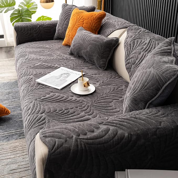 Couch Covers Plush Quilted Sofa Covers for Sectional Sofa Washable | Palm Leaves Couch Cover Chenille Non Slip Sofa Covers Soft Sofa Slipcover Furniture Protector for Pets Kids Children Dogs Cat - Image 6