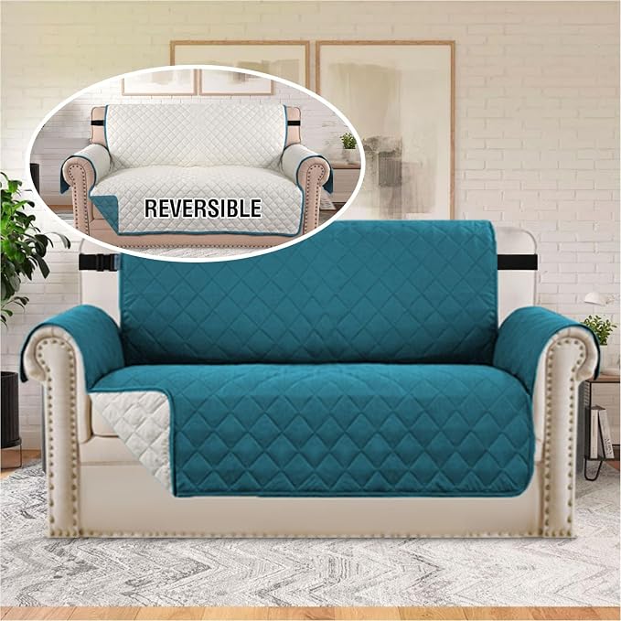 H.VERSAILTEX Reversible Couch Cover Loveseat Cover for 2 Cushion Couch Water Resistant Dog Couch Protector Furniture Cover for Pet Non Slip Loveseat Couch Cover(Oversized Loveseat, Dark Teal/Beige) - Image 3