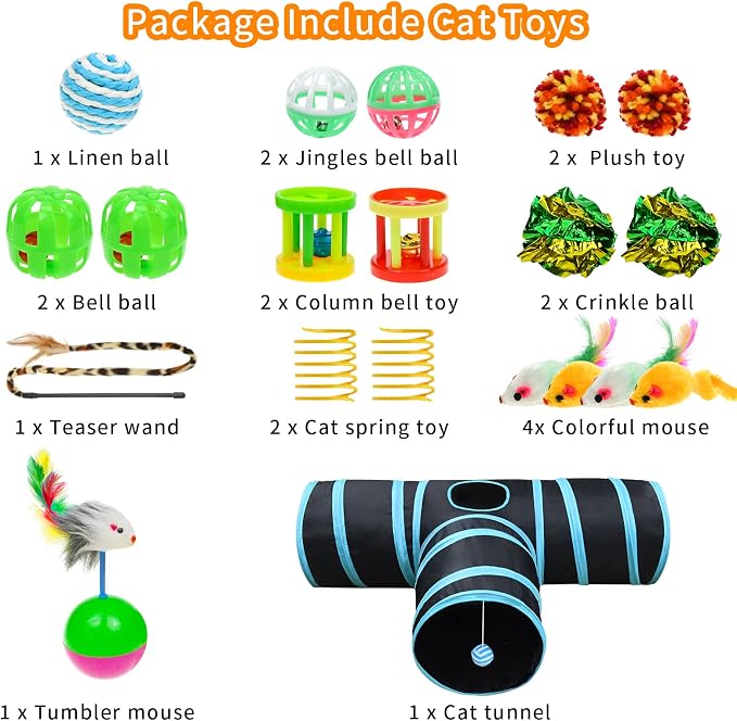 Malier Collapsible Cat Tunnels & Toys Set, Interactive Kitty Toys - Kitten & Cat - Feathers, Mouse, Crinkle Balls, 3-Way Tube Tunnel for Indoor Play - Image 7