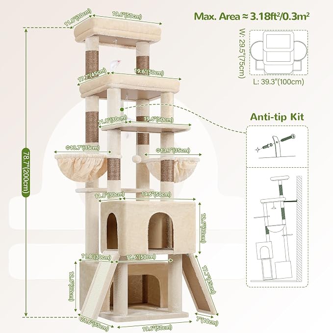 Globlazer Heavy Duty Cat Tree 78 inch Sturdy Cat Tower for 20lbs Large Adult Cats, Symmetrical Aesthetic Big Cat Tree with Extra Large Platform, 2 Scratching Boards, Z78, Beige - Image 6