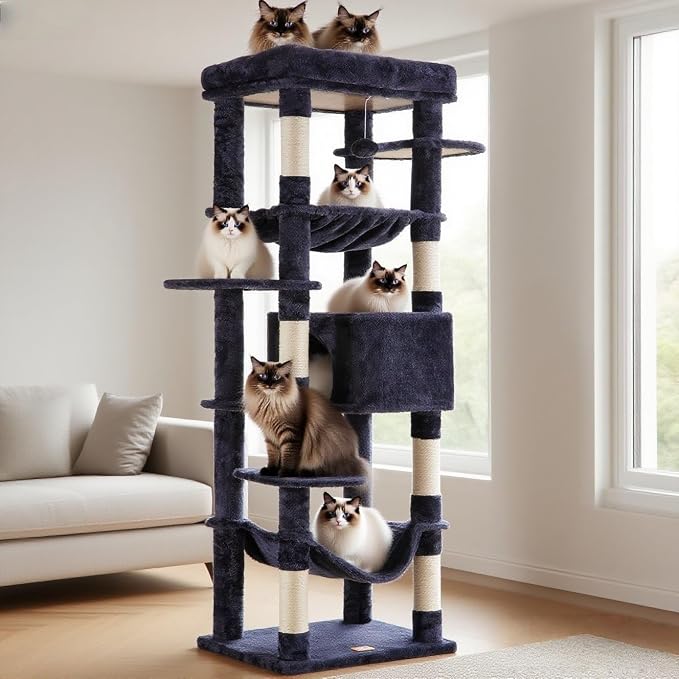 Heybly Cat Tree for Large Cats 20 lbs, 69 inches Cat Tower HCT031G | Heavy Duty Cat Condo for Indoor Cats, Multi-Level Furniture with Big Padded Plush Perch, Cozy Basket, Smoky Gray - Image 2