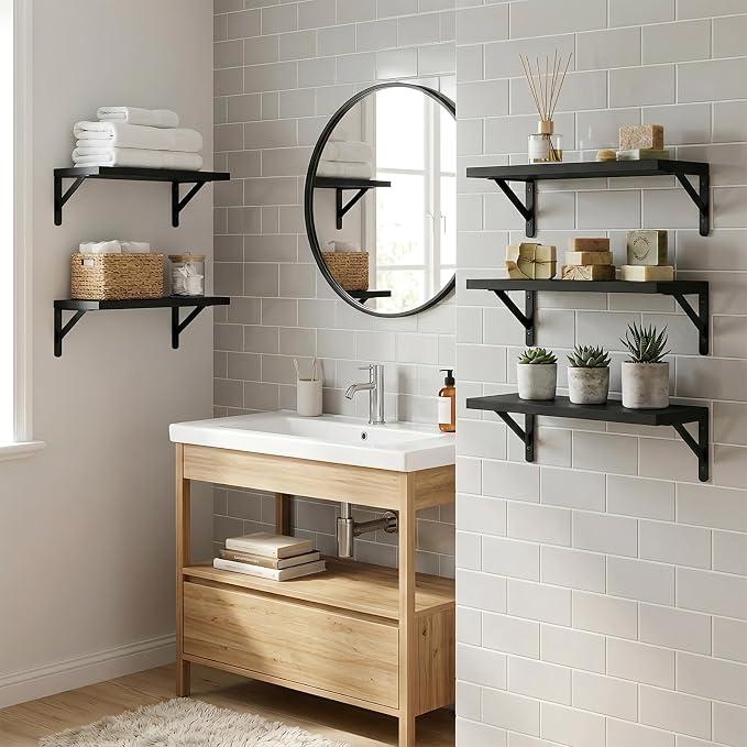 Fixwal Wall Floating Shelves for Home Decor (Black, Set of 5, 16.5 Inch) | Wood Shelves, Natural Grain, 40Lb Capacity, Sturdy Triangle Brackets, Versatile for Any Room - Image 6
