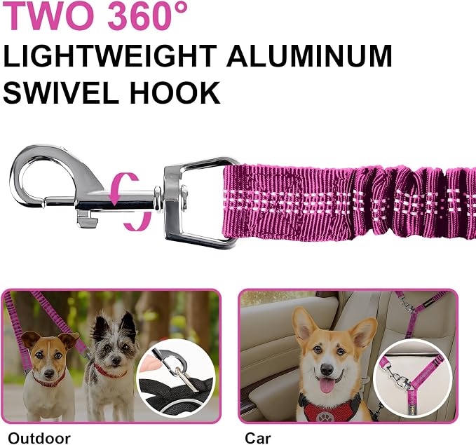 MingXpet 2 Dog Leash, Dog Leash for 2 Dogs, 360° Swivel No Tangle Double Walking Training Leashes for Large Dogs that Pull, Comfortable Shock Absorbing Reflective Bungee, Rose - Image 3