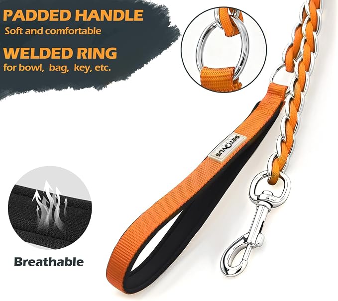 S-ETOVUS-Chain Dog Leash, Bite-Proof Metal Leash, with Padded Handle Orange | Three Sizes 7.25FT/5.2FT/4FT, Woven From Nylon Rope And Chain, Durable And Bite-Resistant, Comfortable With Padded Handles - Image 2