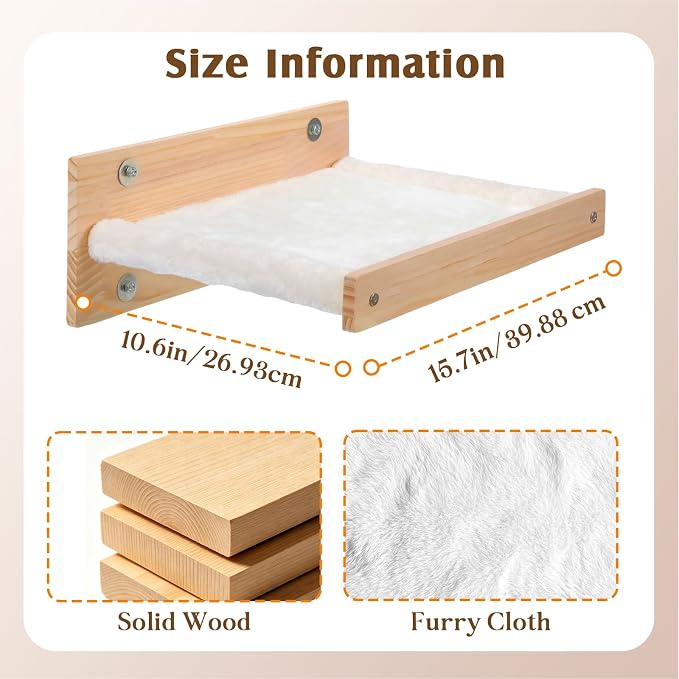 Aliceset Set of 2 Cat Hammock Wall Mounted, Wooden Mount Cat Furniture & Beds, Stable Wall Shelves for Large Cats Sleeping, Playing, Climbing, and Lounging - Image 2