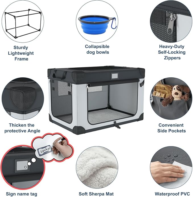 36 Inch Collapsible Travel Dog Crate Black&White with Sturdy Metal Frame | Waterproof and Easy to Clean，Home & Car Use，Soft Blanket and Foldable Bowl,Storage Bag,Signature Card,Portable for Camping - Image 4