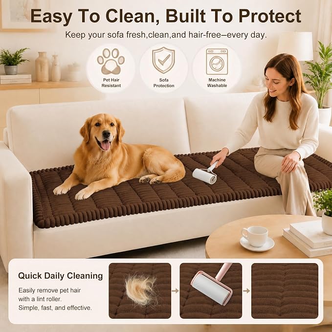 decorUhome Couch Cover for Dogs, Non Slip Fuzzy Thick Pet Sofa Protector | Pet Friendly, Machine Washable, Fits 3-Cushion Sofa, Protects Against Pet Hair & Daily Messes, Brown, 27.6" x 70.9" - Image 4