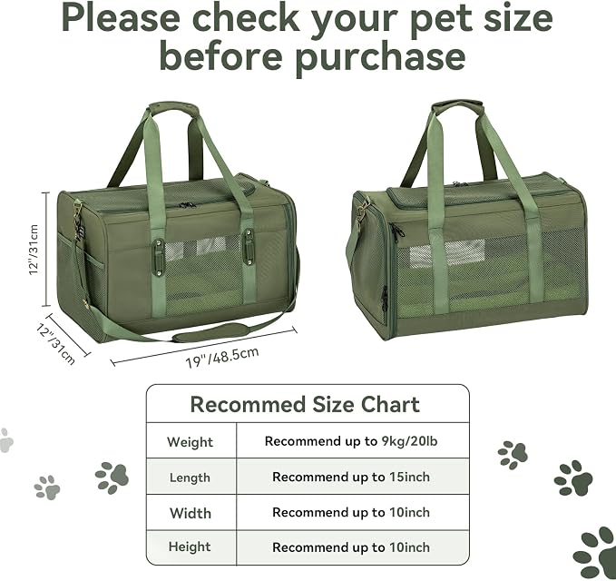 Petsfit 19x12x12 Pet Carrier for Large Cats (up to 20 lbs), Soft-Sided Small Dog Travel Carrier, Upgraded with Patented Buckle and Soft Padding, Ideal for Car Road Trips Green - Image 4