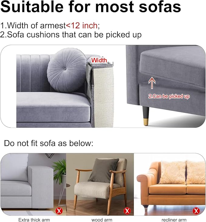 Upgraded Cat Scratch Furniture Protector,Cat Scratch Sofa Arm Sheild with Large Size Natural Sisal for Protecting Couch Sofa Chair Furniture 27.6''L*19.6''W (Light Grey/Left Handed) - Image 6
