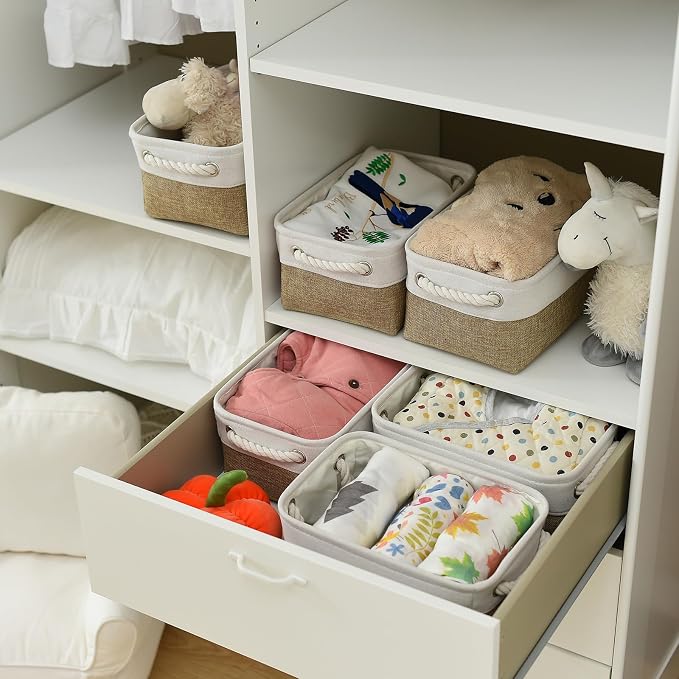 TheWarmHome Storage Basket for Organizing - 1 Pack 12x8x5.2 inch Baskets for Gifts Empty with Handles, Fabric Storage Cubes for Organizer Closet Dog Gift Cloth Toy (Whiet & Khaki) - Image 4