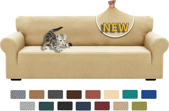 XINEAGE Stretch Jacquard XL Sofa Cover, Non Slip Sofa Slipcover for Dog | High-Stretch Fabric. Wear-Resistant, Pet Friendly. Easy Install & Washable for Living Rooms, Offices.Beige by XINEAGE