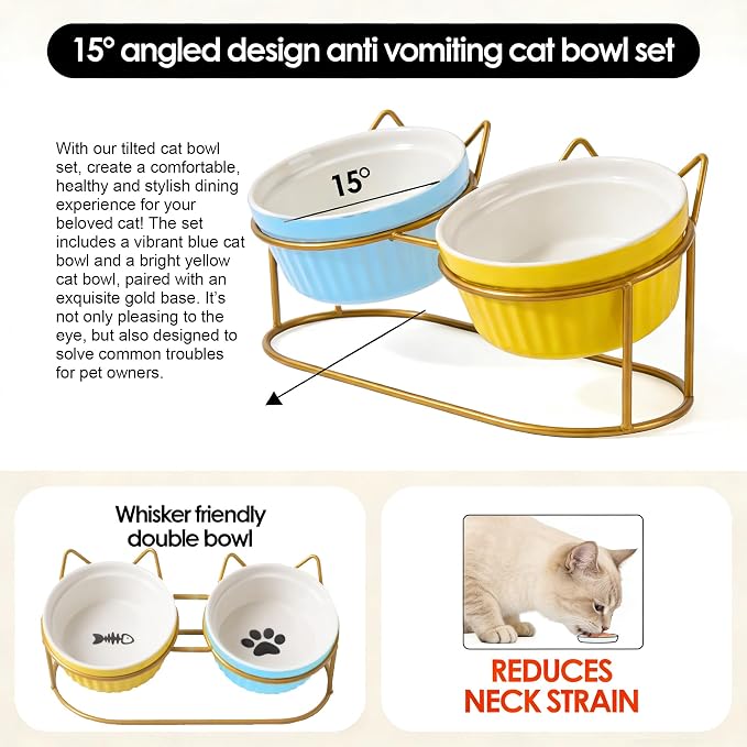 Ceramic Raised Tilted Cat Food Bowls Set - 15° Elevated Cat Food and Water Bowls for Indoor Cats/Kittens, Anti-Vomiting Pet Feeding Bowls (Non-Slip, BPA-Free) - Image 2