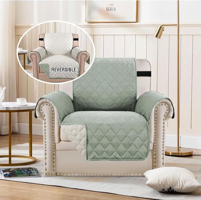 H.VERSAILTEX Reversible Chair Cover Water Resistant Chair Couch Cover for Living Room Machine Washable Furniture Cover with Elastic Strap for Dogs, Pets(Armchair, Desert Sage/Beige) - Image 3