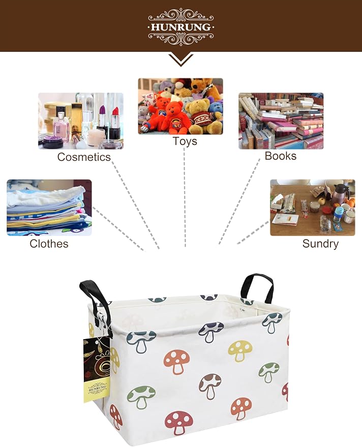 Rectangle Canvas Foldable Storage Basket for Nursery, Color Mushroom | Portable and collapsible cloth receptacle. Stores pet essentials, daily use items. Folds flat when not in use - Image 3