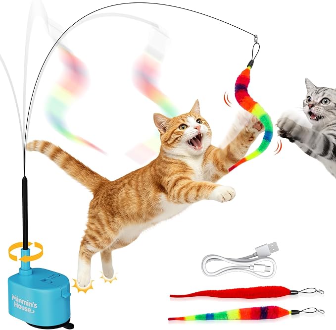 Interactive Cat Toys For Indoor Cats, 360° Flying Automatic Cat Toy, Blue | Rechargeable, Strong Suction Base, Self-Play & Handheld, Electric Spin Game Enrichment Toy, Long Kitty Wand for Bored Cats by MinminsHouse