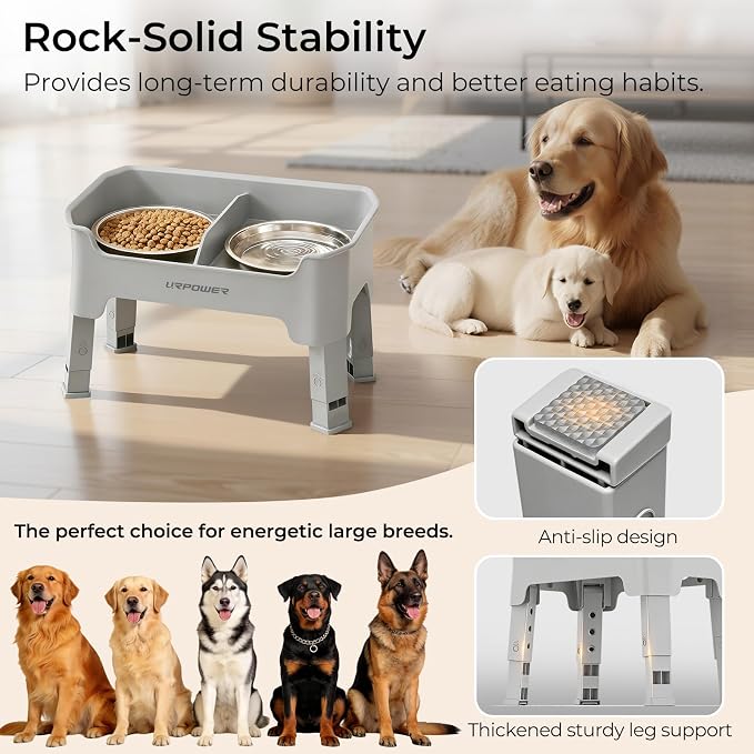 URPOWER Mess Proof Elevated Dog Bowls, Splash Guard Raised Bowl Stand | 4 Adjustable Heights, 2 Stainless Steel Bowls, Food & Water Separation, Foldable Design Non-Slip for Small Medium Large Dogs - Image 7