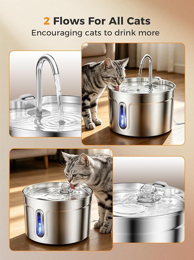 Stainless Steel Cat Water Fountain - 74oz/2.2L Ultra-Silent | 7 Filters Included, Visible Water Level, Dishwasher Safe, for Indoor Cats & Small Dogs - Image 2
