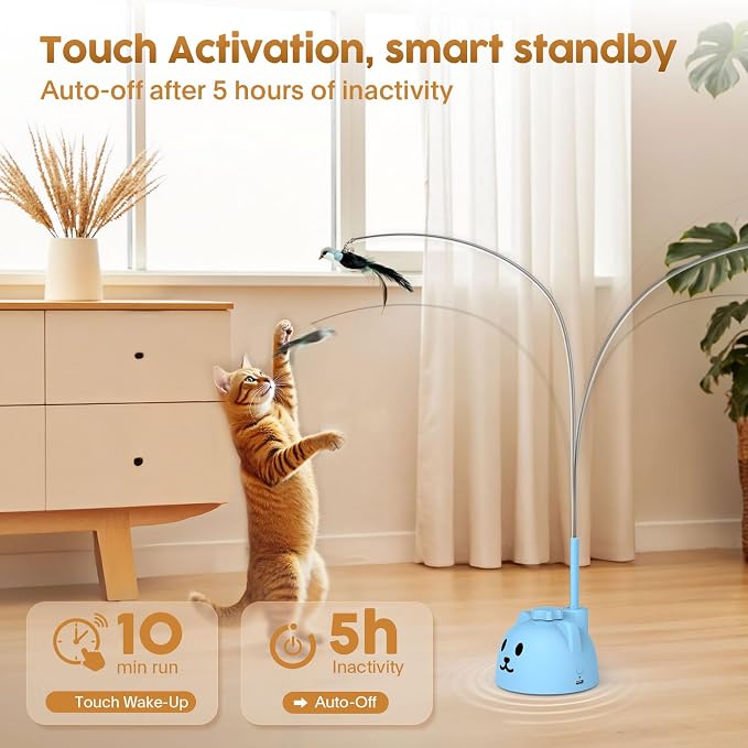 Interactive Cat Toys for Indoor Cats, 360° Automatic Spin Flying Bird Wand | 8cm Suction Cup & Weighted Base, Silicone-Protected Rod, USB Rechargeable with Replaceable Feather & Streamer Attachments - Image 4