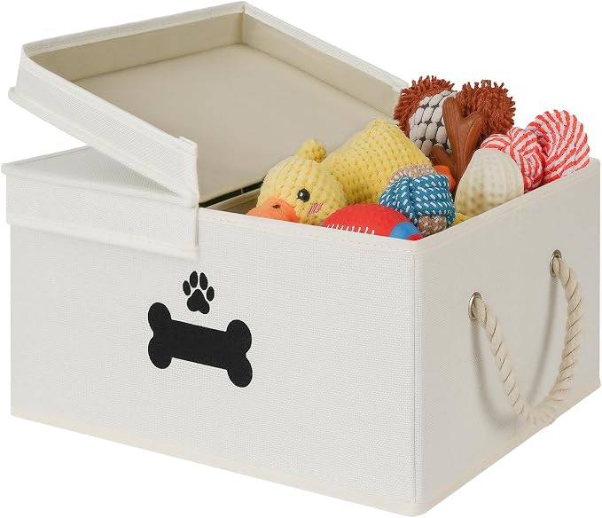 Dog Toy Basket with Double-Open Lid, Divided Dogs Basket for Toys, Collapsible Pet Toy Box, Dog Storage Organizer with 2 Divided Area, Puppy Toys Baskets with Rope Handles, Beige by GreenPetopia