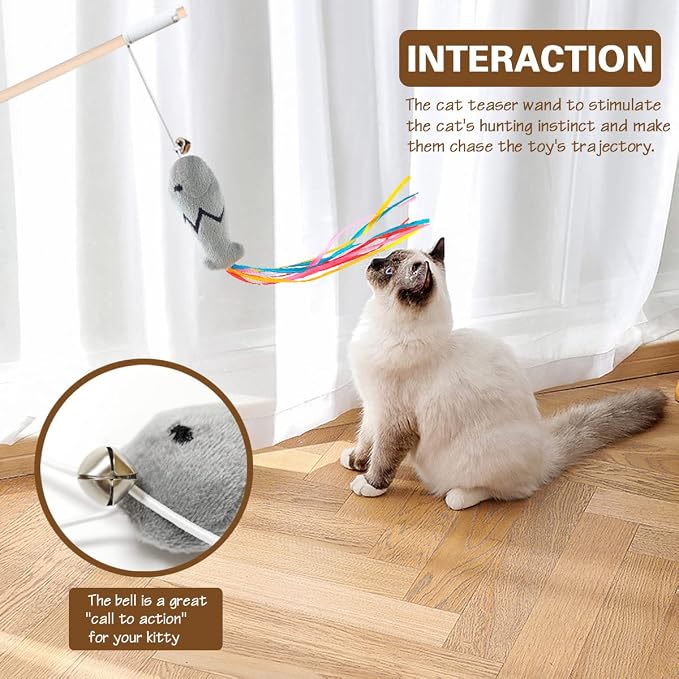 Natural Wood Cat Wand Toy with Ribbon Fish Teaser - 3pcs, 16 Inch, Indoor Cat Exerciser & Playing Kitten Toy, Bonus 5pcs Catnip Sticks for Teeth Cleaning - Image 6