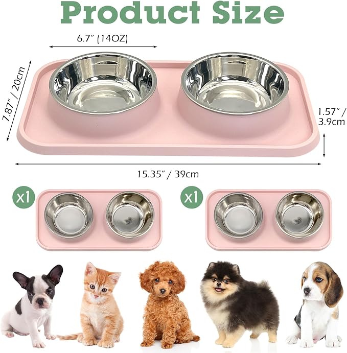 BNOSDM 2 Pcs Double Dog Food Bowls, Stainless Steel Small Dog Food and Water Bowls with Non-Spill Plastic Mat, Pet Cat Feeder Dish Set for Puppy Cats Kitten, Pink - Image 2