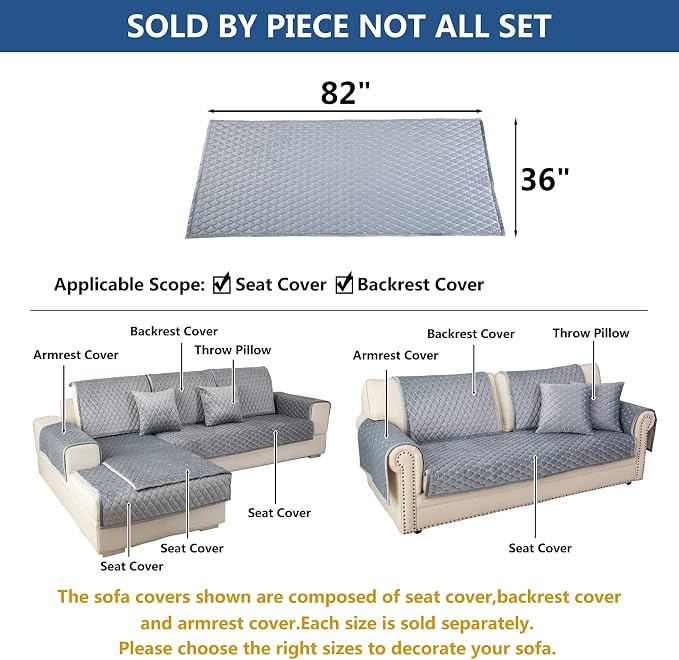 Eismodra Couch Cover,Sectional Couch Covers,Sofa Covers for 3 Cushion Couch,Anti-Slip Sofa Slipcovers for Dogs Cats Kids Loveseat Recliner L Shaped Armrest Backrest,Light Gray 36''x82''(Only 1 Piece) - Image 5