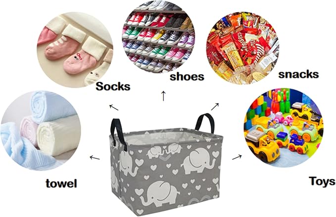 Storage Basket Home Shelf Basket Kids Organizer Box Clothes Laundry Hamper Nursery Bin Gift Laundry Basket with Handles for Home (love elephant) - Image 3