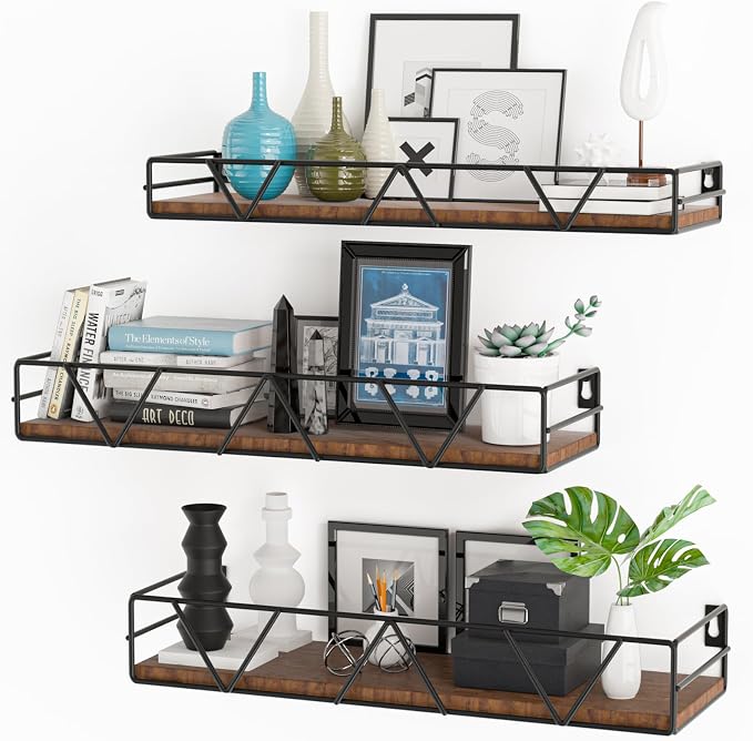 Floating Shelves Set of 3, Wood Wall Shelf, Farmhouse Shelf for Bedroom | Wall Mounted Floating Shelf for Living Room, Bedroom, Bathroom, Kitchen, Office by Amoot
