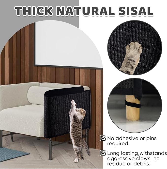 NATUYA Cat Scratch Furniture Couch Protector - Large Sisal Cat Scratching Pad Sofa Corner Arm Shield, Cat Scratcher for Sofa (Black, Right) - Image 4