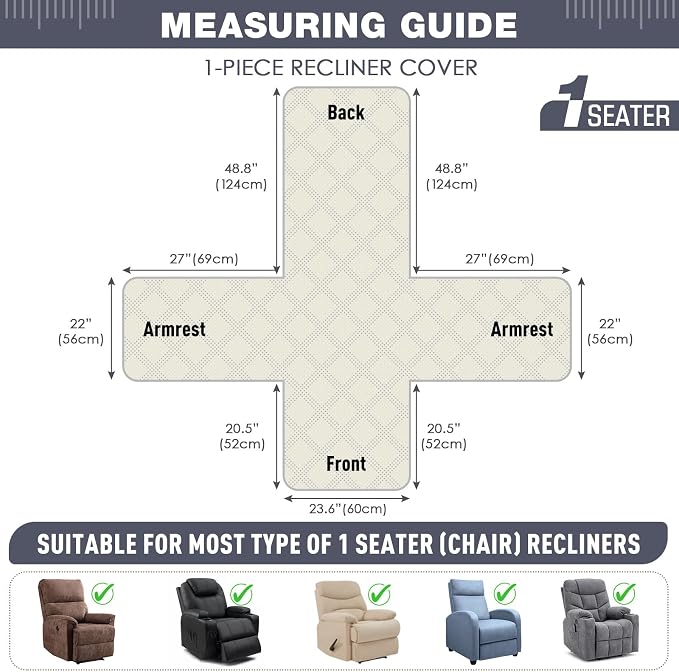 TAOCOCO 100% Waterproof Recliner Chair Cover, Recliner Covers for Recliner Chair with Pocket, Non Slip Reclining Chair Cover Furniture Protector for Kids, Pets(23.6'', Dark Grey-Velvet) - Image 3