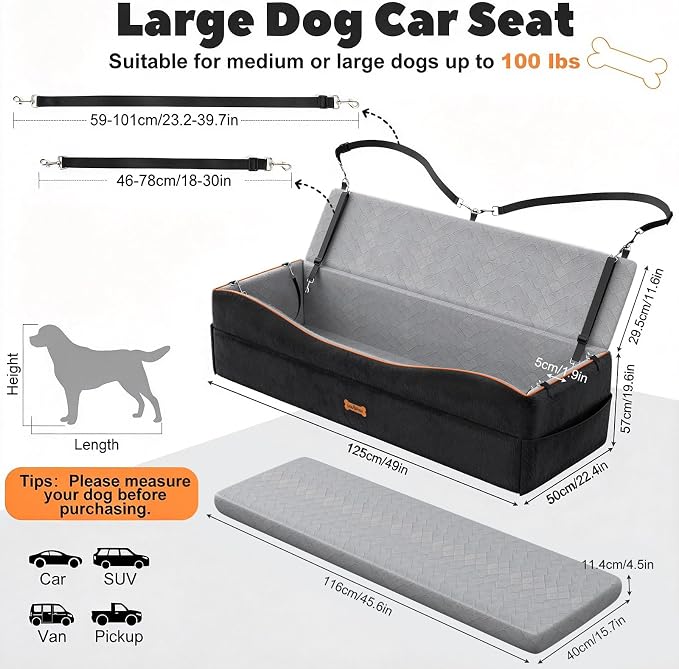 VavoPaw Car Seat for Large Dog for 2 Medium or 3 Small Dogs Under 100Lbs | Dog Booster Seats ,Pet Car Seats with 2 Safety Leashes, Dogs Sofa Bed Cushion Add Thick Sponge, Pet Cars Carrier for Travel - Image 3