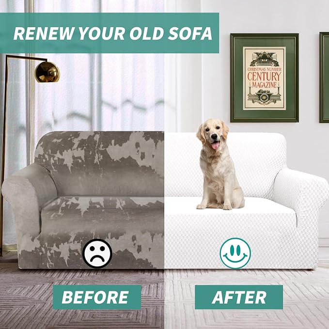 YEMYHOM Couch Cover Latest Jacquard Design High Stretch Sofa Covers for 2 Cushion Couch, Pet Dog Cat Proof Loveseat Slipcover Non Slip Magic Elastic Furniture Protector (Medium, White) - Image 4