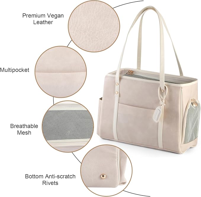 Fashion Dog Carrier Purse, Premium Leather Cat Carrier Bag, Airline Approved Soft Sided Pet Travel Tote Bag with Pockets Beige - Image 4